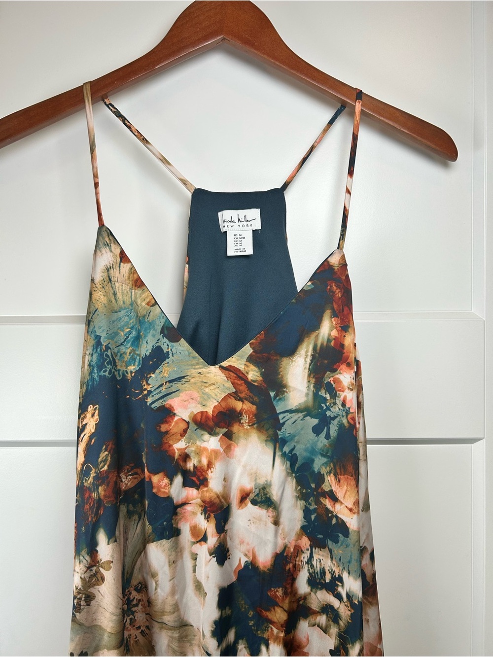 NICOLE MILLER Satin Floral Maxi Slip Dress M Racerback Watercolor With Pockets - Picture 5 of 16